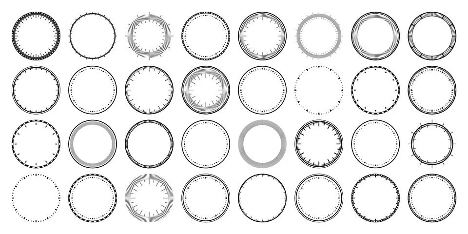Mechanical clock faces, bezel. Watch dial with minute and hour marks. Timer or Stock Illustration