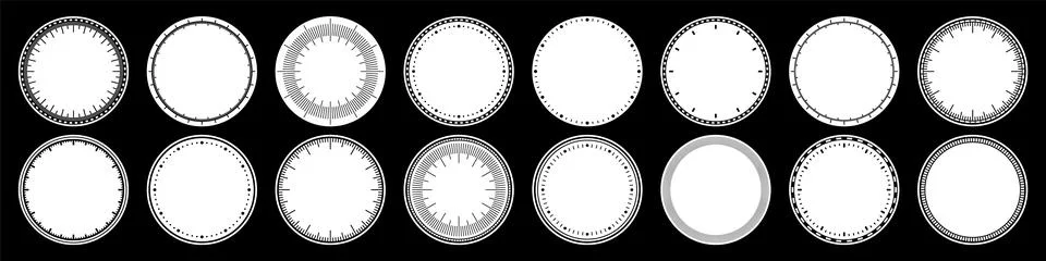 Mechanical clock faces, bezel. Watch dial with minute and hour marks. Timer or Stock Illustration