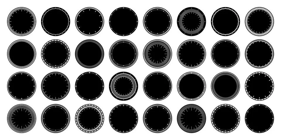 Mechanical clock faces, bezel. Watch dial with minute and hour marks. Timer or Stock Illustration