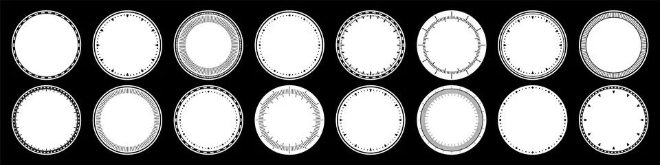 Mechanical clock faces, bezel. Watch dial with minute and hour marks. Timer or Illustrazione stock