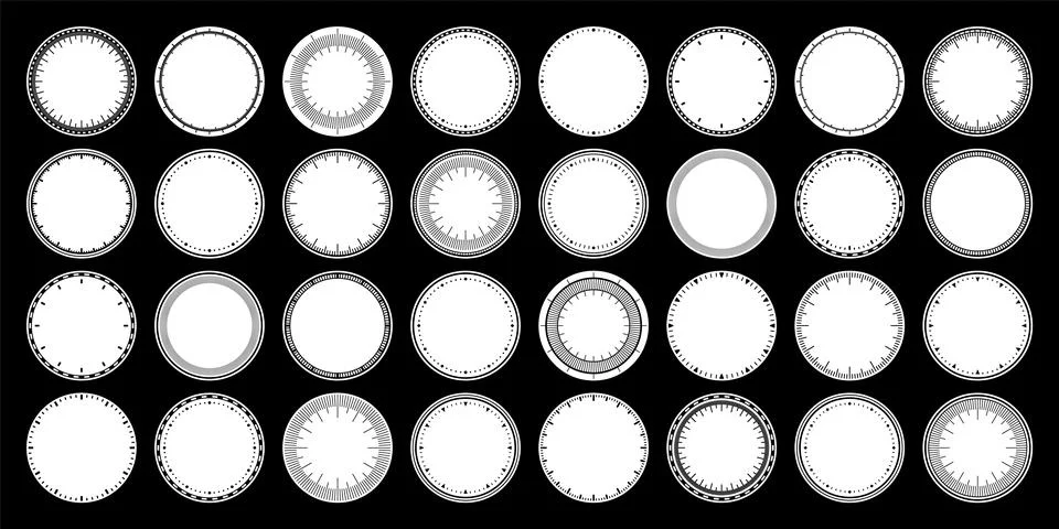 Mechanical clock faces, bezel. Watch dial with minute and hour marks. Timer or Illustrazione stock