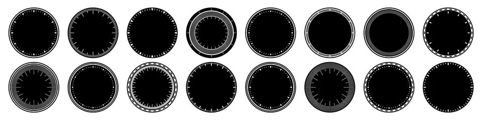 Mechanical clock faces, bezel. Watch dial with minute and hour marks. Timer or Illustrazione stock