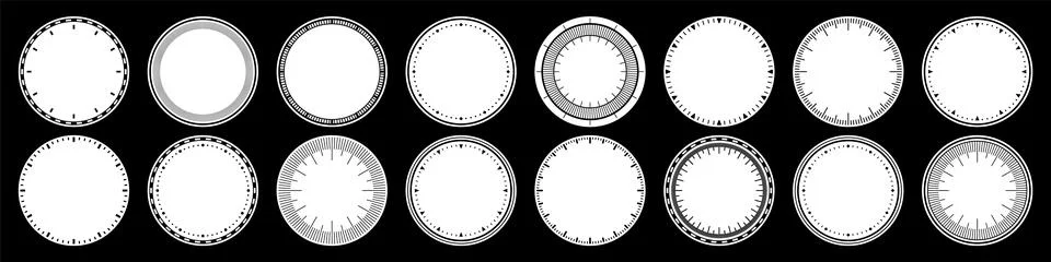 Mechanical clock faces, bezel. Watch dial with minute and hour marks. Timer or Illustrazione stock
