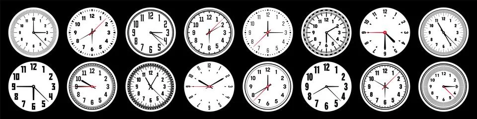 Mechanical clock faces with hands, bezel. Watch dial with minute, hour marks and Stock Illustration