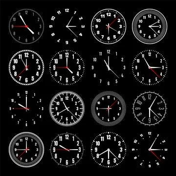 Mechanical clock faces with hands, bezel. Watch dial with minute, hour marks and Illustrazione stock