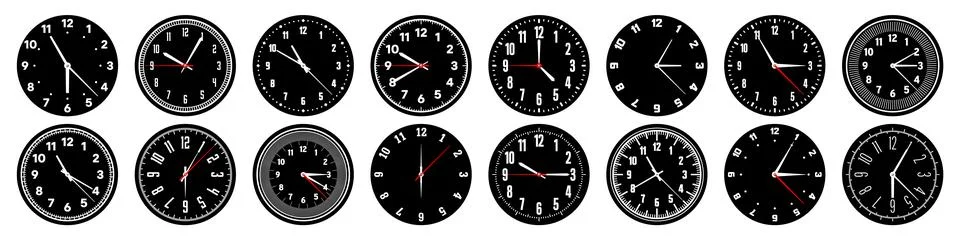 Mechanical clock faces with hands, bezel. Watch dial with minute, hour marks and Illustrazione stock