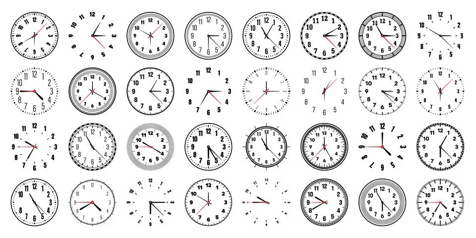 Mechanical clock faces with hands, bezel. Watch dial with minute, hour marks and Stock Illustration