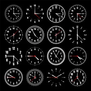 Mechanical clock faces with hands, bezel. Watch dial with minute, hour marks and Stock Illustration