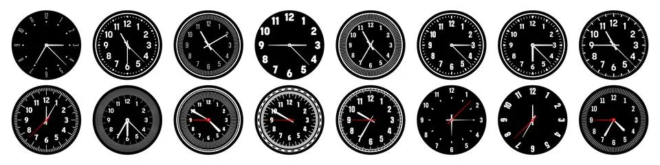Mechanical clock faces with hands, bezel. Watch dial with minute, hour marks and Stock Illustration