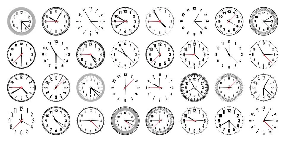 Mechanical clock faces with hands, bezel. Watch dial with minute, hour marks and Stock Illustration