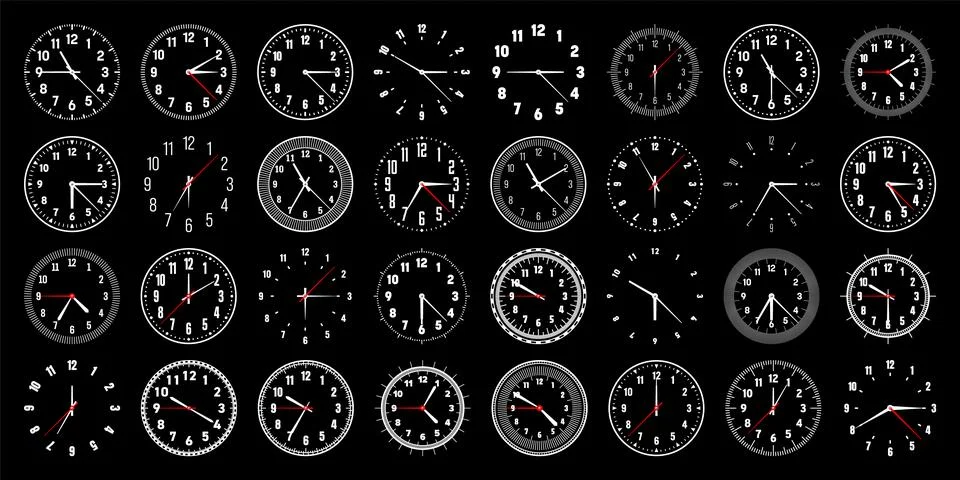 Mechanical clock faces with hands, bezel. Watch dial with minute, hour marks and 스톡 일러스트