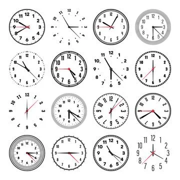 Mechanical clock faces with hands, bezel. Watch dial with minute, hour marks and Stock Illustration