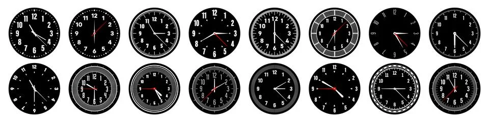 Mechanical clock faces with hands, bezel. Watch dial with minute, hour marks and Illustrazione stock