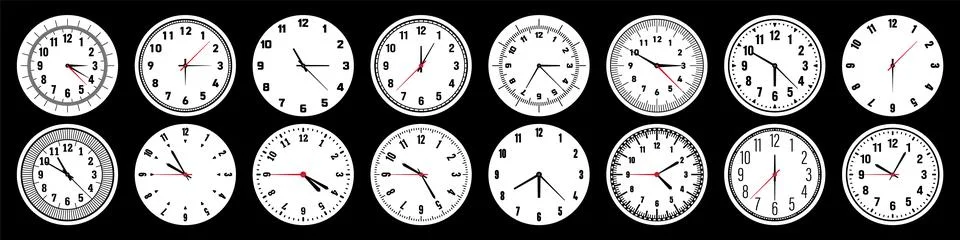 Mechanical clock faces with hands, bezel. Watch dial with minute, hour marks and Stock Illustration