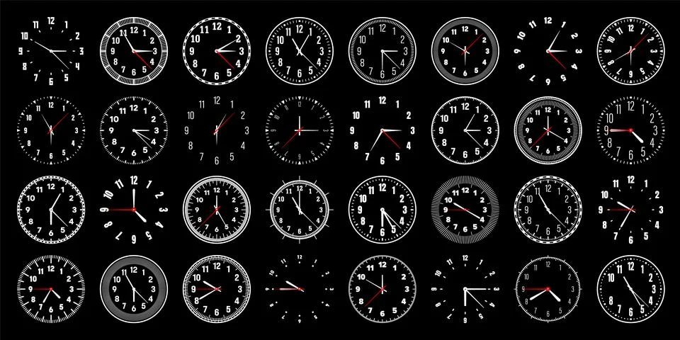Mechanical clock faces with hands, bezel. Watch dial with minute, hour marks and Illustrazione stock