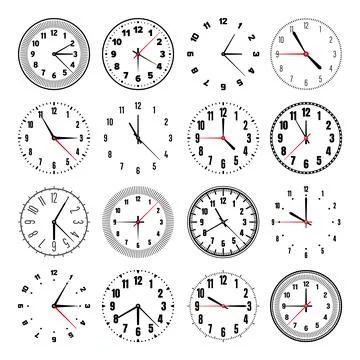 Mechanical clock faces with hands, bezel. Watch dial with minute, hour marks and Stock Illustration