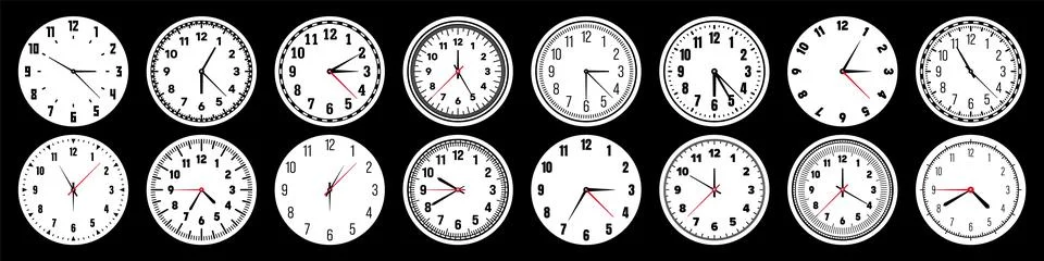 Mechanical clock faces with hands, bezel. Watch dial with minute, hour marks and Stock Illustration
