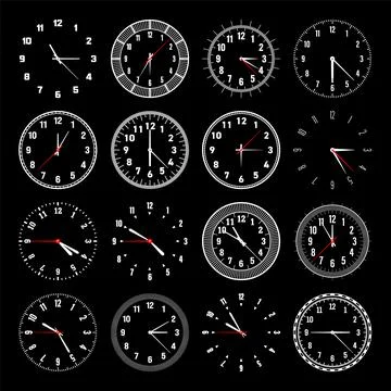 Mechanical clock faces with hands, bezel. Watch dial with minute, hour marks and Stock Illustration
