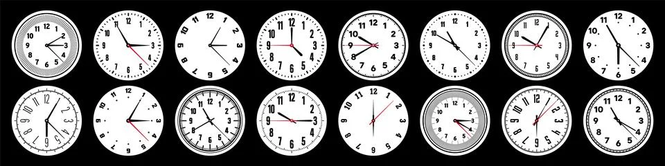 Mechanical clock faces with hands, bezel. Watch dial with minute, hour marks and Stock Illustration