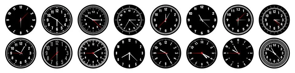 Mechanical clock faces with hands, bezel. Watch dial with minute, hour marks and Stock Illustration