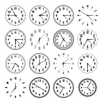 Mechanical clock faces with hands, bezel. Watch dial with minute, hour marks and Stock Illustration