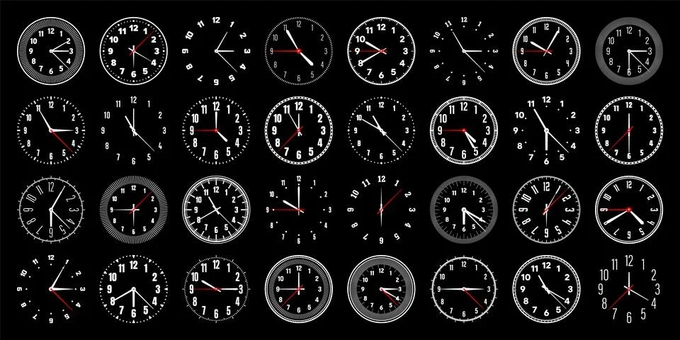 Mechanical clock faces with hands, bezel. Watch dial with minute, hour marks and Stock Illustration