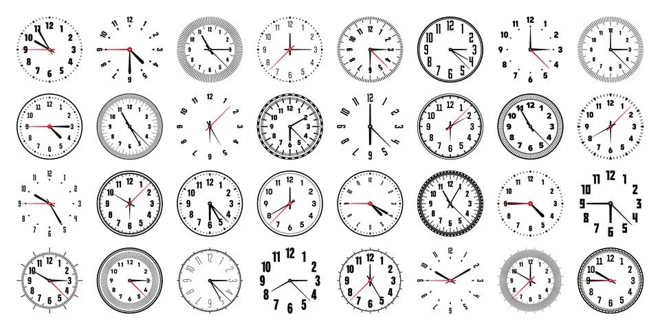 Mechanical clock faces with hands, bezel. Watch dial with minute, hour marks and Illustrazione stock