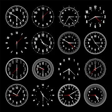 Mechanical clock faces with hands, bezel. Watch dial with minute, hour marks and Illustrazione stock