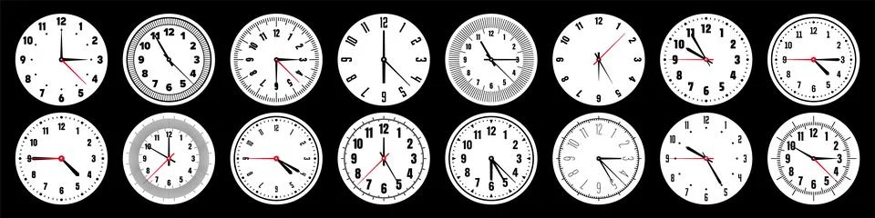 Mechanical clock faces with hands, bezel. Watch dial with minute, hour marks and Stock Illustration