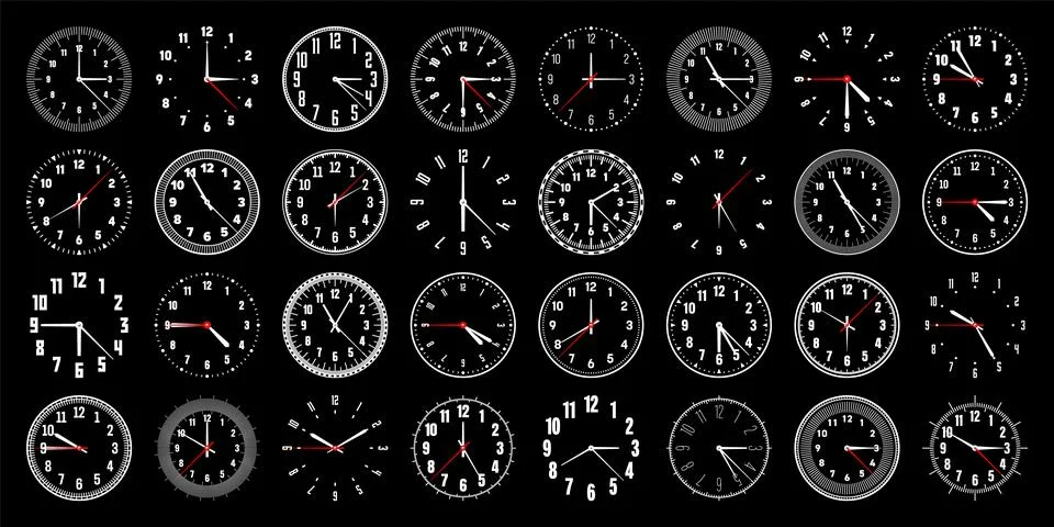 Mechanical clock faces with hands, bezel. Watch dial with minute, hour marks and Stock Illustration