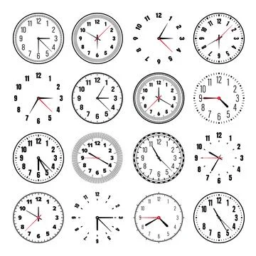 Mechanical clock faces with hands, bezel. Watch dial with minute, hour marks and Stock Illustration