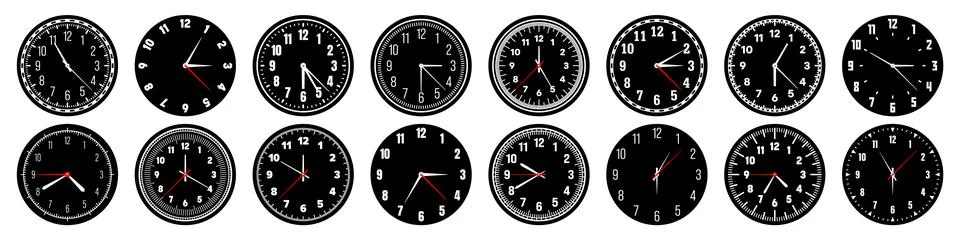 Mechanical clock faces with hands, bezel. Watch dial with minute, hour marks and Stock Illustration