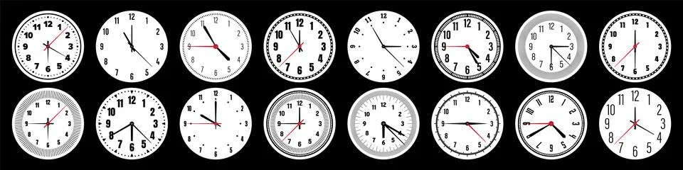 Mechanical clock faces with hands, bezel. Watch dial with minute, hour marks and Stock Illustration