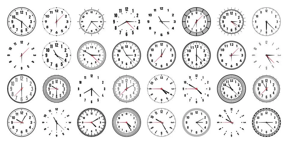 Mechanical clock faces with hands, bezel. Watch dial with minute, hour marks and 스톡 일러스트