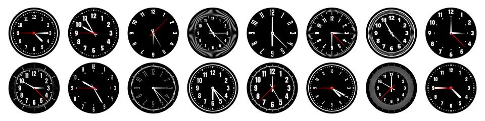 Mechanical clock faces with hands, bezel. Watch dial with minute, hour marks and Stock Illustration