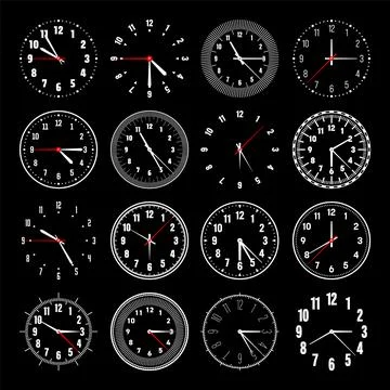 Mechanical clock faces with hands, bezel. Watch dial with minute, hour marks and Illustrazione stock