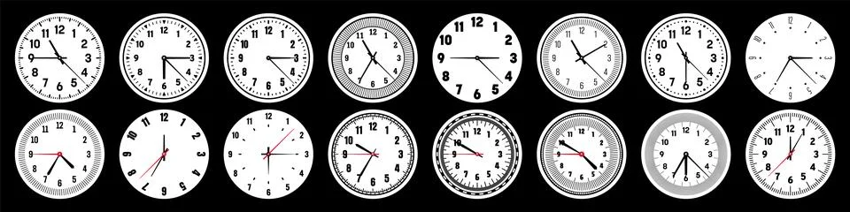 Mechanical clock faces with hands, bezel. Watch dial with minute, hour marks and Stock Illustration