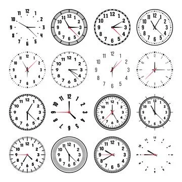 Mechanical clock faces with hands, bezel. Watch dial with minute, hour marks and Stock Illustration