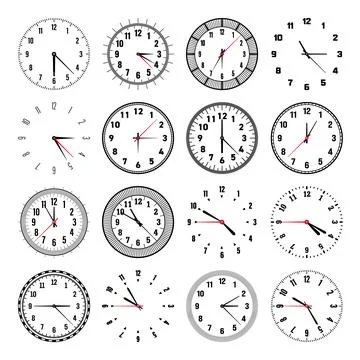 Mechanical clock faces with hands, bezel. Watch dial with minute, hour marks and Stock Illustration