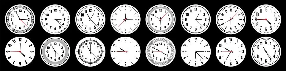 Mechanical clock faces with hands, bezel. Watch dial with minute, hour marks and Stock Illustration