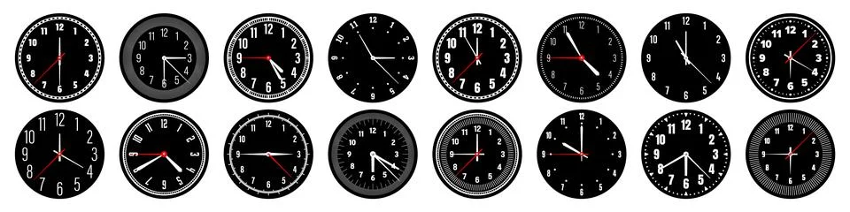 Mechanical clock faces with hands, bezel. Watch dial with minute, hour marks and 스톡 일러스트