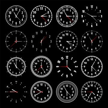 Mechanical clock faces with hands, bezel. Watch dial with minute, hour marks and Stock Illustration