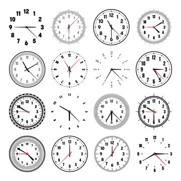 Mechanical clock faces with hands, bezel. Watch dial with minute, hour marks and 스톡 일러스트