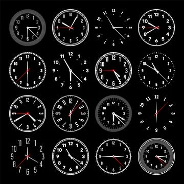 Mechanical clock faces with hands, bezel. Watch dial with minute, hour marks and Stock Illustration