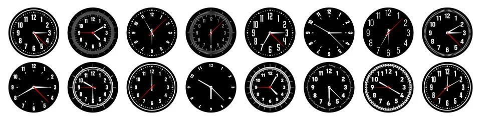 Mechanical clock faces with hands, bezel. Watch dial with minute, hour marks and Stock Illustration