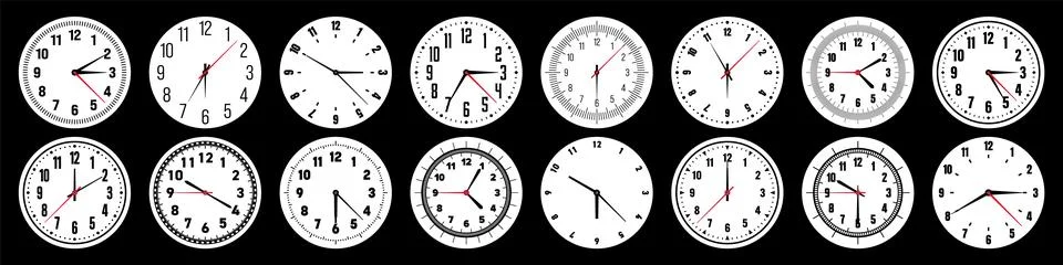 Mechanical clock faces with hands, bezel. Watch dial with minute, hour marks and Stock Illustration