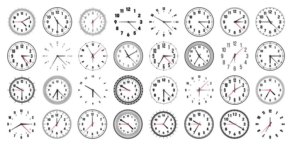 Mechanical clock faces with hands, bezel. Watch dial with minute, hour marks and Illustrazione stock