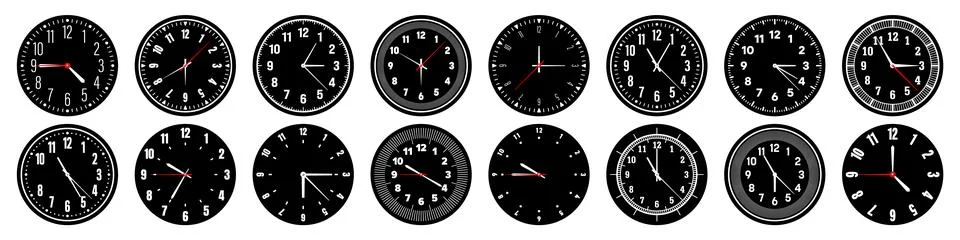 Mechanical clock faces with hands, bezel. Watch dial with minute, hour marks and Stock Illustration