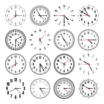 Mechanical clock faces with hands, bezel. Watch dial with minute, hour marks and Illustrazione stock