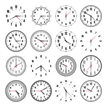 Mechanical clock faces with hands, bezel. Watch dial with minute, hour marks and Stock Illustration
